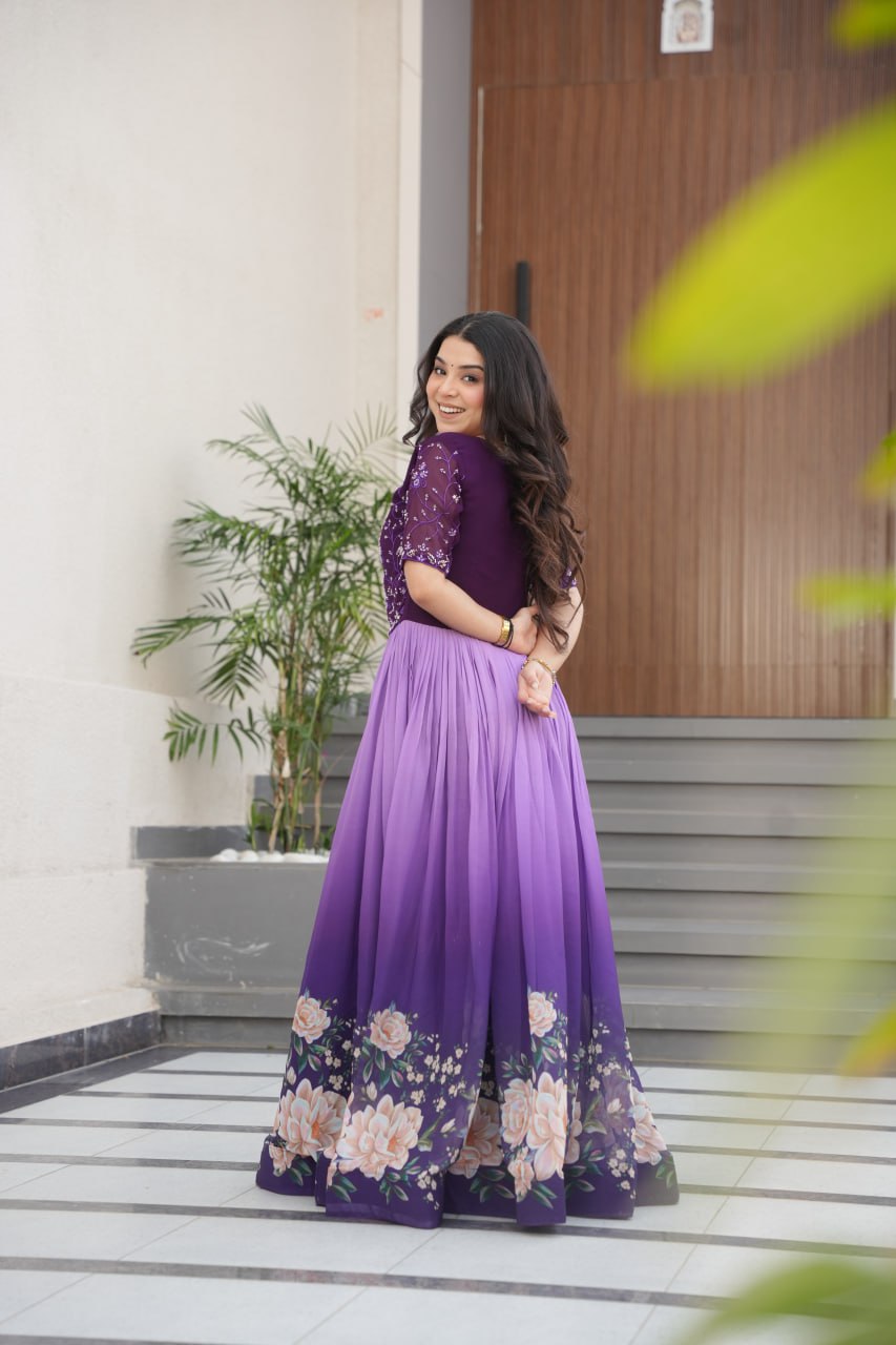Purple Designer Faux Blooming Gown with Bead Embroidery & Digital Floral Print