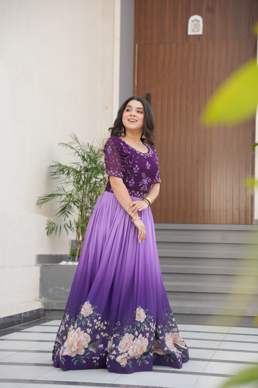 Purple Designer Faux Blooming Gown with Bead Embroidery & Digital Floral Print