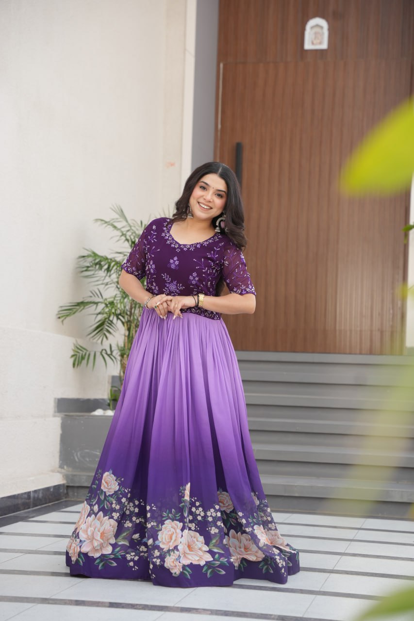 Purple Designer Faux Blooming Gown with Bead Embroidery & Digital Floral Print