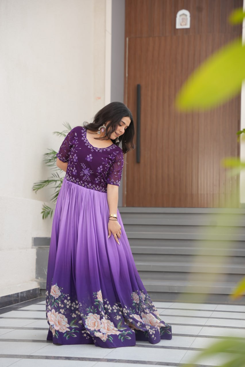 Purple Designer Faux Blooming Gown with Bead Embroidery & Digital Floral Print