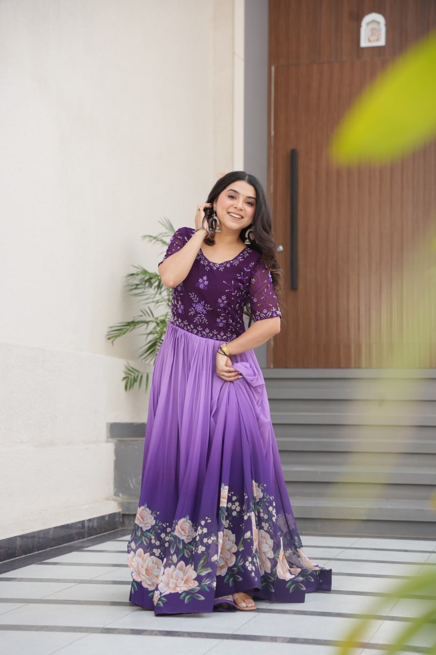 Purple Designer Faux Blooming Gown with Bead Embroidery & Digital Floral Print