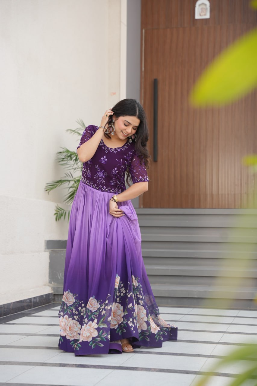 Purple Designer Faux Blooming Gown with Bead Embroidery & Digital Floral Print