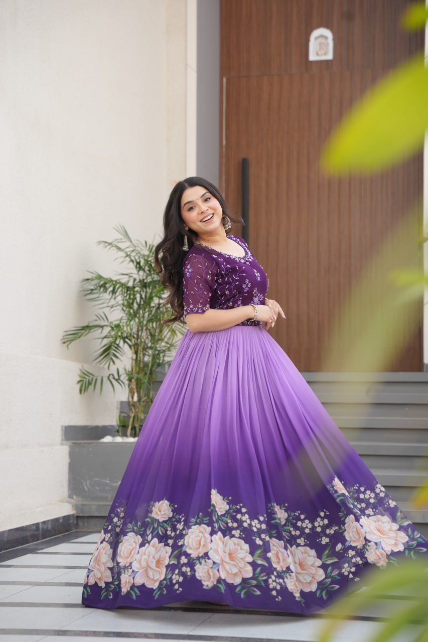 Purple Designer Faux Blooming Gown with Bead Embroidery & Digital Floral Print