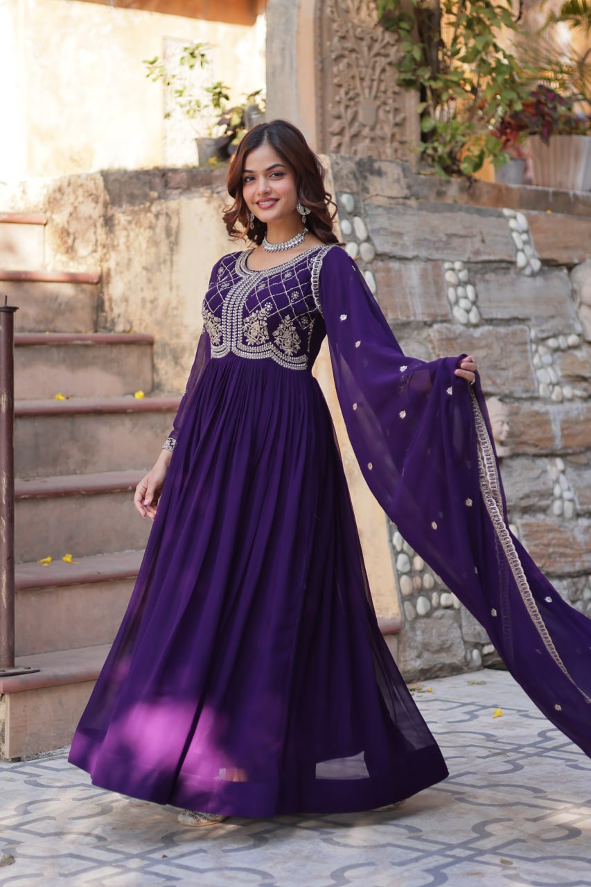 Purple Designer Faux Blooming Gown with Sequins & Beads Embroidery