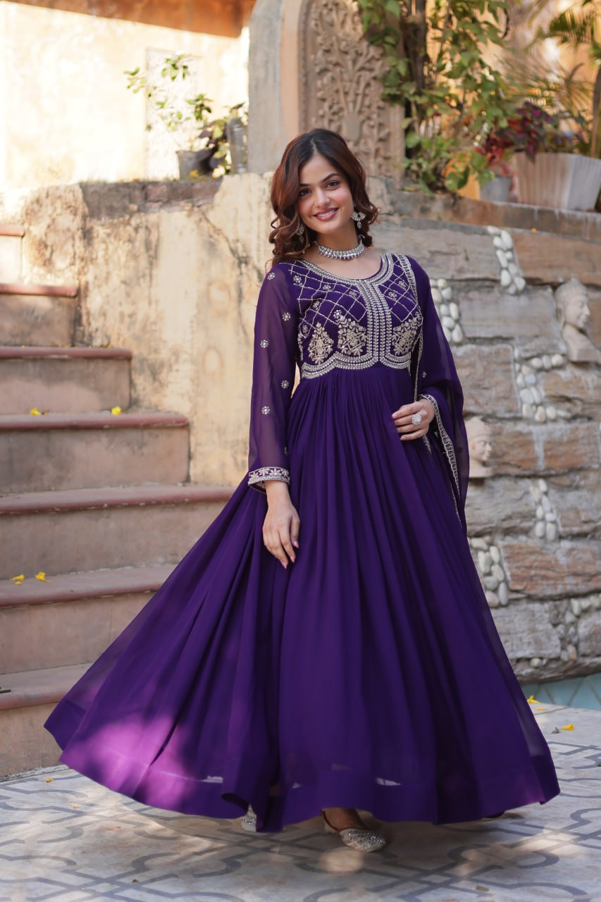 Purple Designer Faux Blooming Gown with Sequins & Beads Embroidery