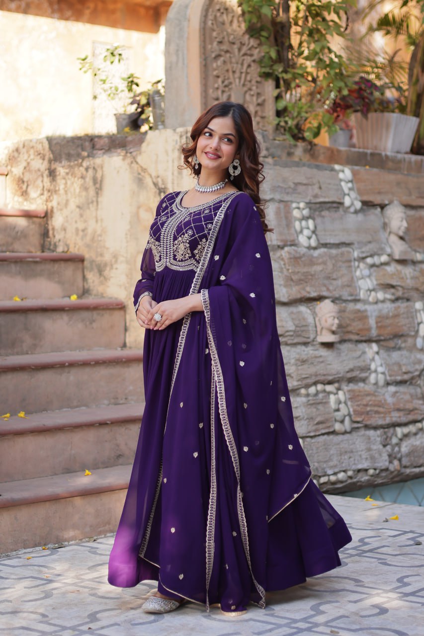 Purple Designer Faux Blooming Gown with Sequins & Beads Embroidery