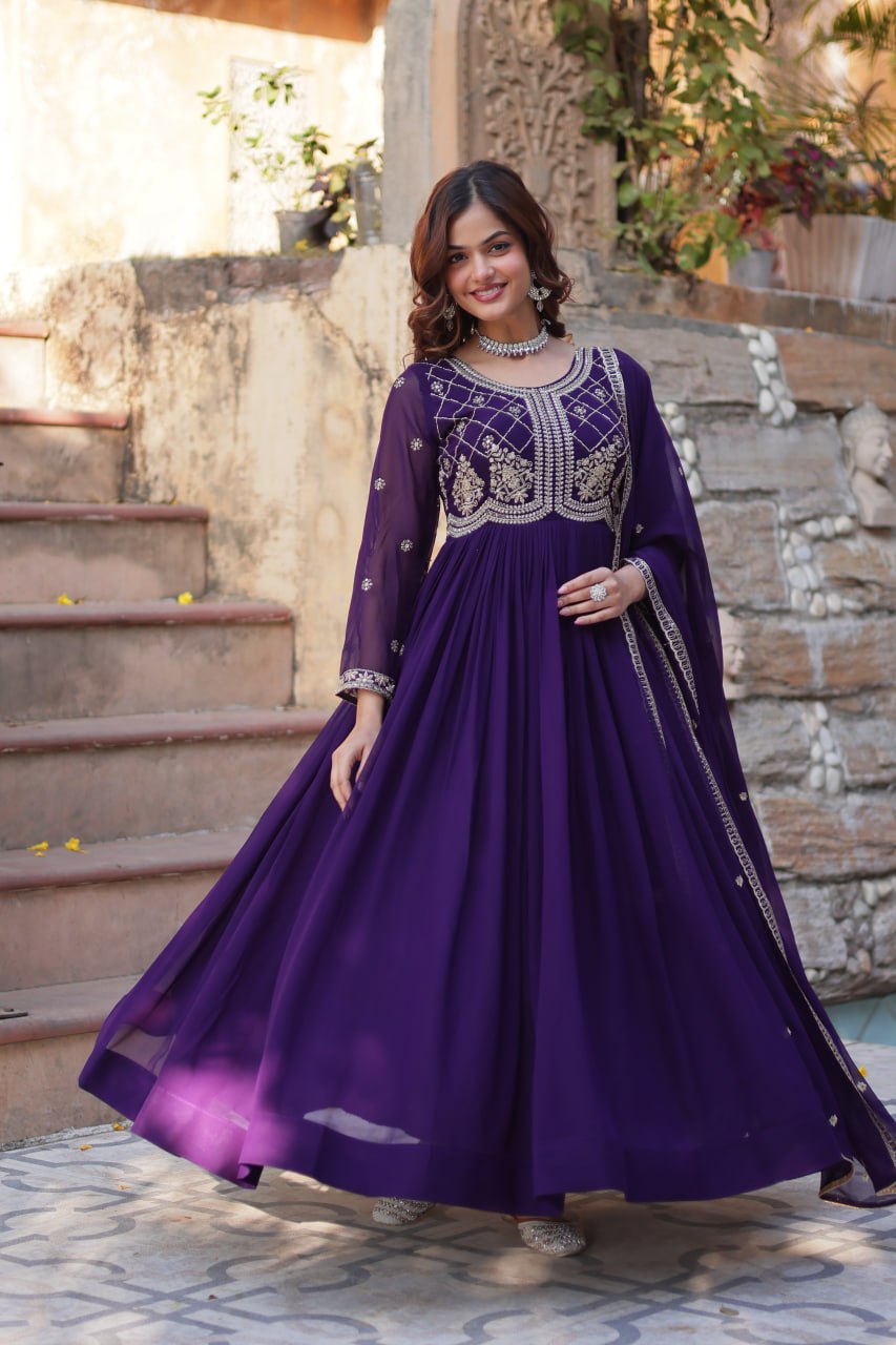 Purple Designer Faux Blooming Gown with Sequins & Beads Embroidery