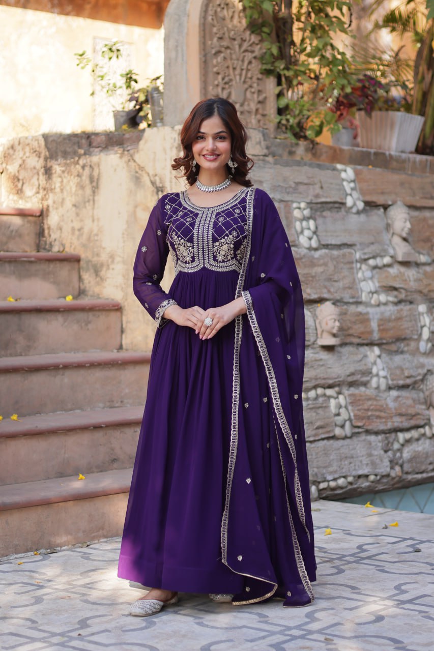 Purple Designer Faux Blooming Gown with Sequins & Beads Embroidery