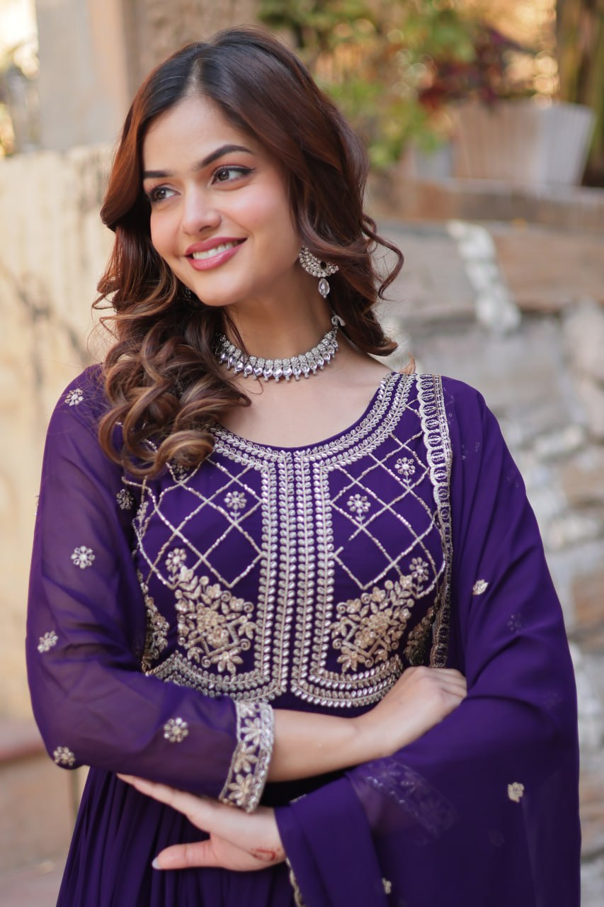 Purple Designer Faux Blooming Gown with Sequins & Beads Embroidery