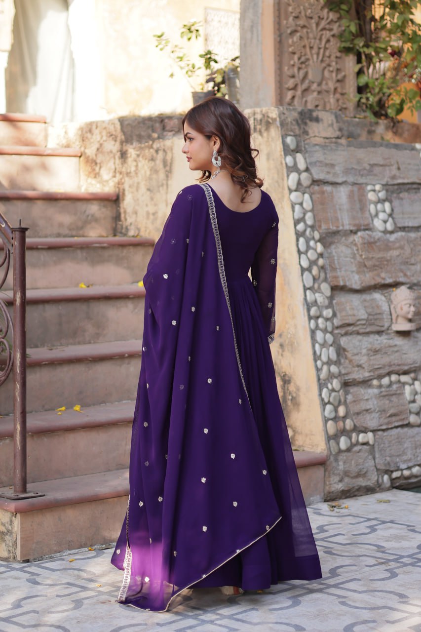 Purple Designer Faux Blooming Gown with Sequins & Beads Embroidery