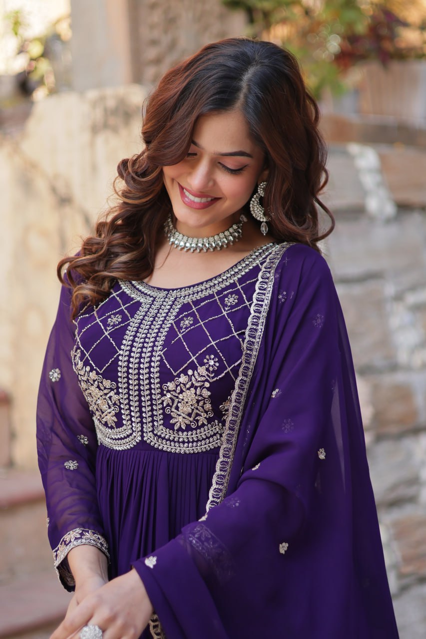 Purple Designer Faux Blooming Gown with Sequins & Beads Embroidery