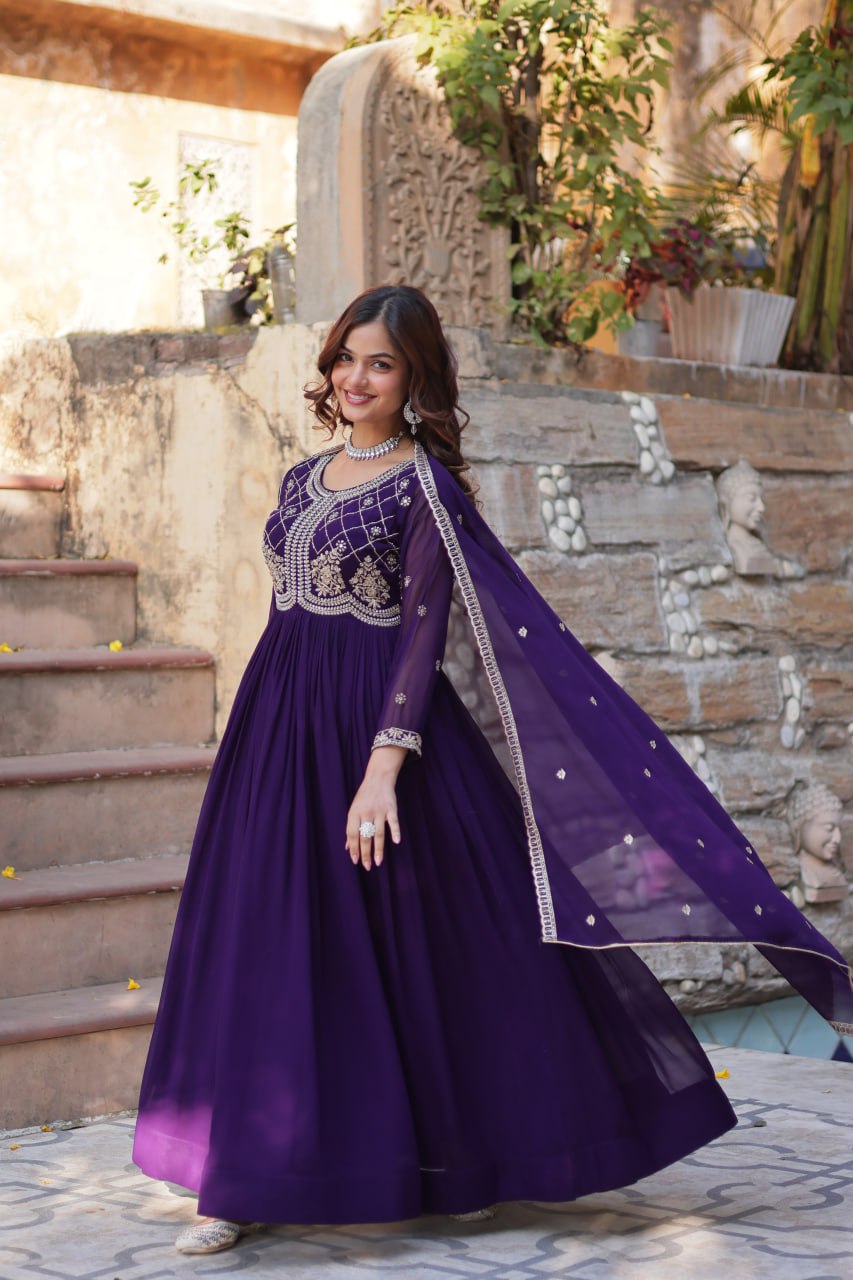 Purple Designer Faux Blooming Gown with Sequins & Beads Embroidery