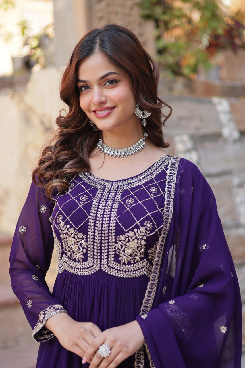Purple Designer Faux Blooming Gown with Sequins & Beads Embroidery