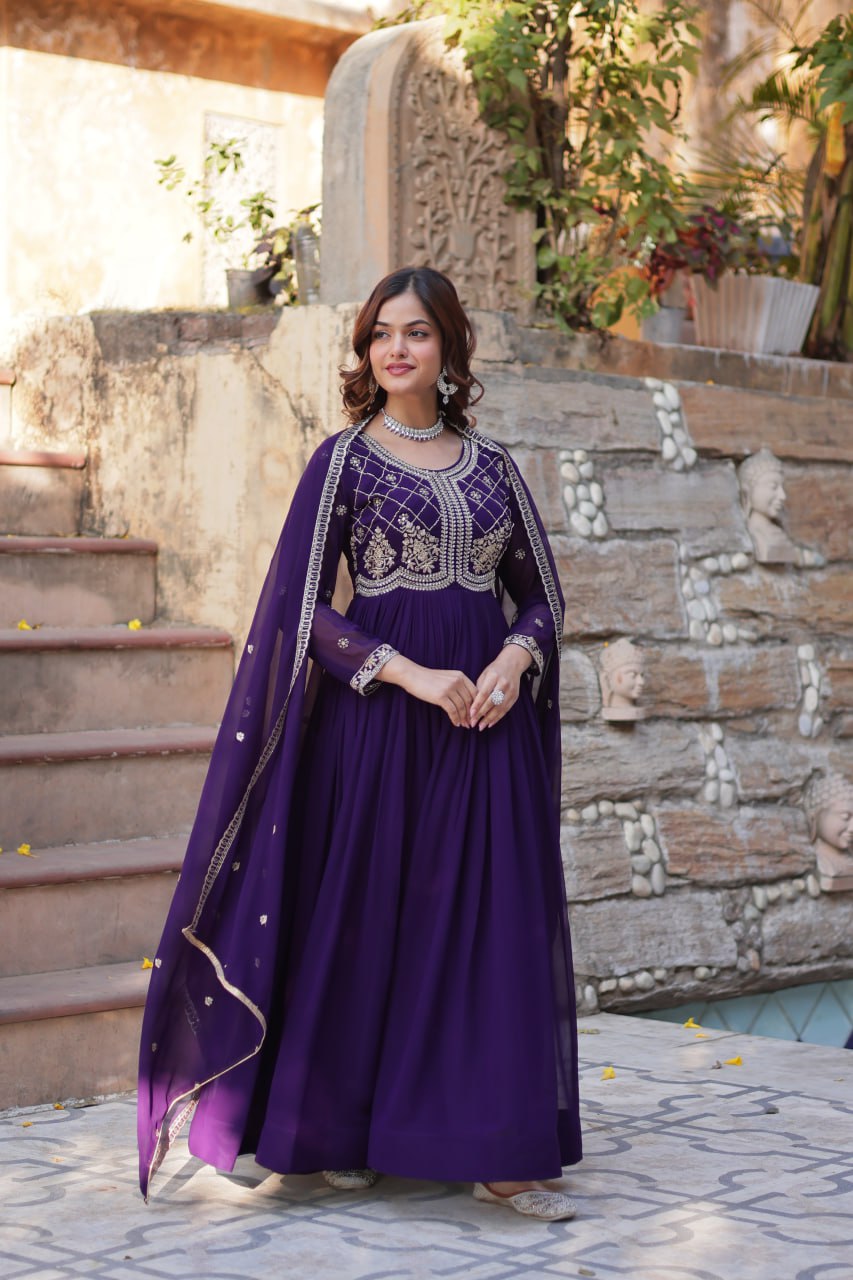 Purple Designer Faux Blooming Gown with Sequins & Beads Embroidery