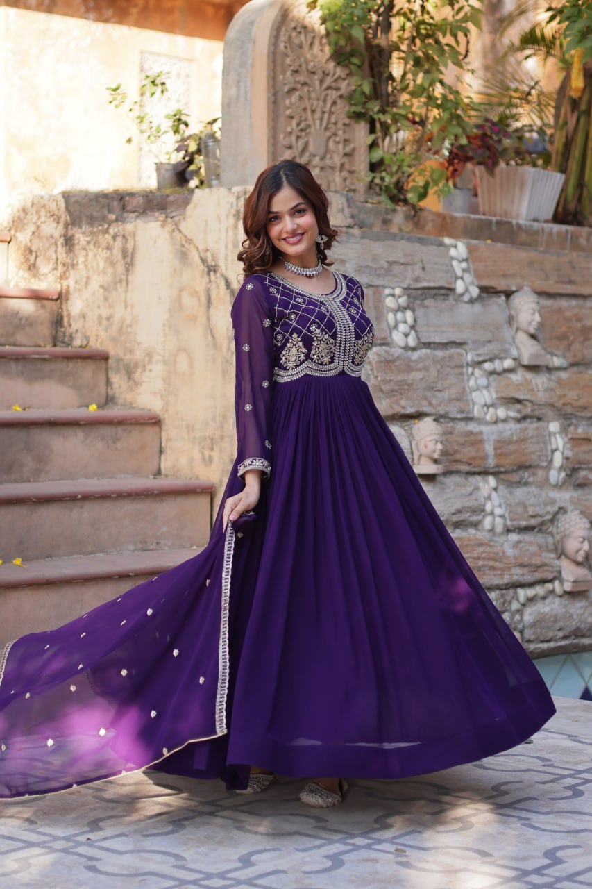 Purple Designer Faux Blooming Gown with Sequins & Beads Embroidery