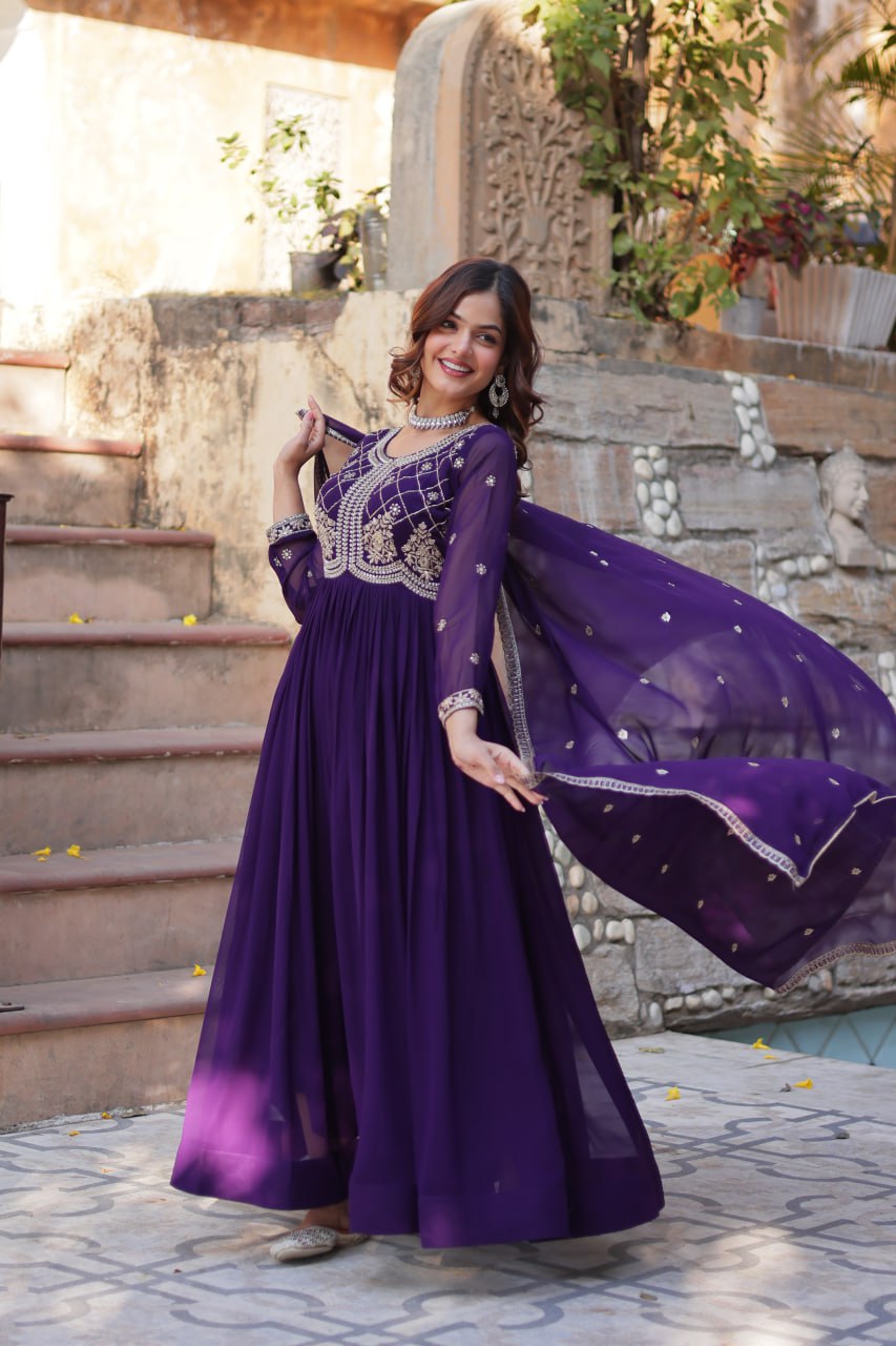 Purple Designer Faux Blooming Gown with Sequins & Beads Embroidery