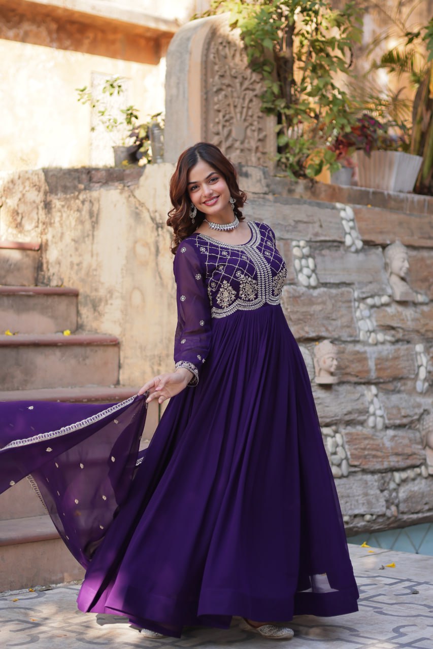 Purple Designer Faux Blooming Gown with Sequins & Beads Embroidery