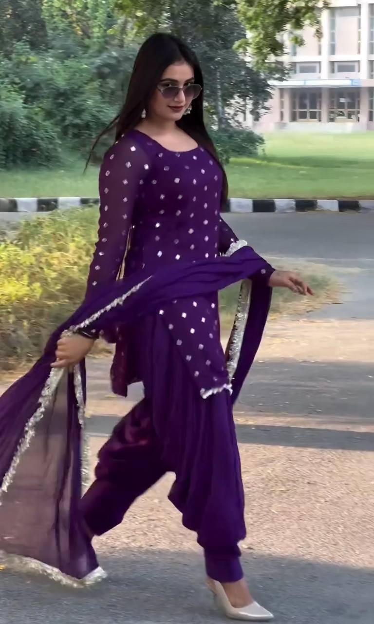 Purple Designer Faux Georgette Dhoti Suit Set with Heavy Sequins & Zari Embroidery