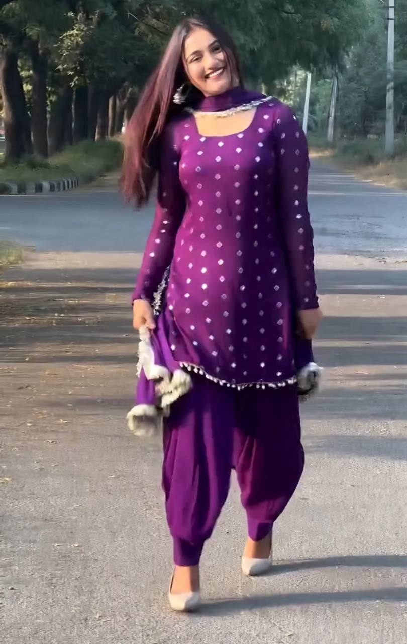 Purple Designer Faux Georgette Dhoti Suit Set with Heavy Sequins & Zari Embroidery