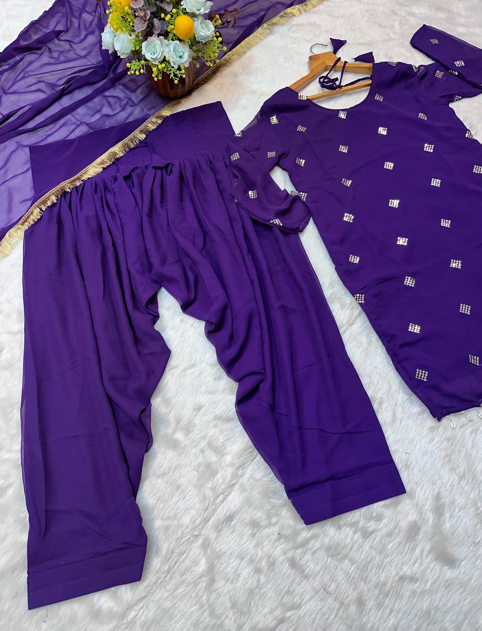 Purple Designer Faux Georgette Dhoti Suit Set with Heavy Sequins & Zari Embroidery