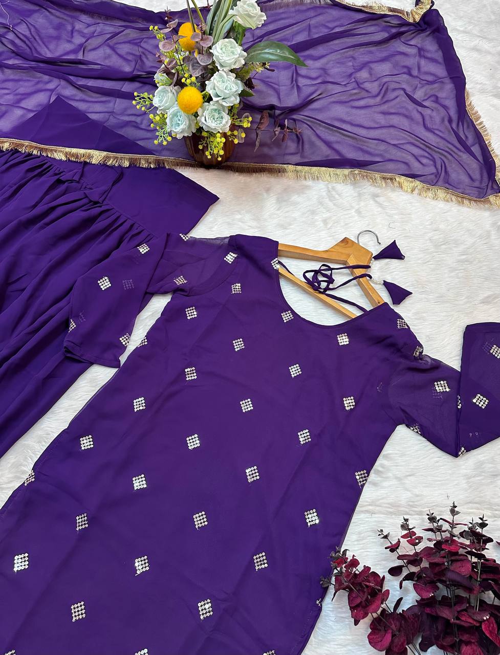 Purple Designer Faux Georgette Dhoti Suit Set with Heavy Sequins & Zari Embroidery