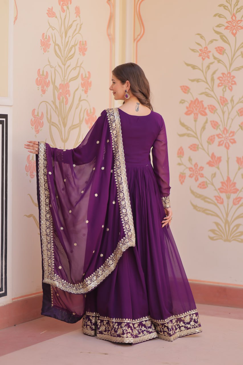 Purple Designer Faux Georgette Gown with Zari & Sequins Embroidery and Embroidered Dupatta – Luxury Ethnic Set