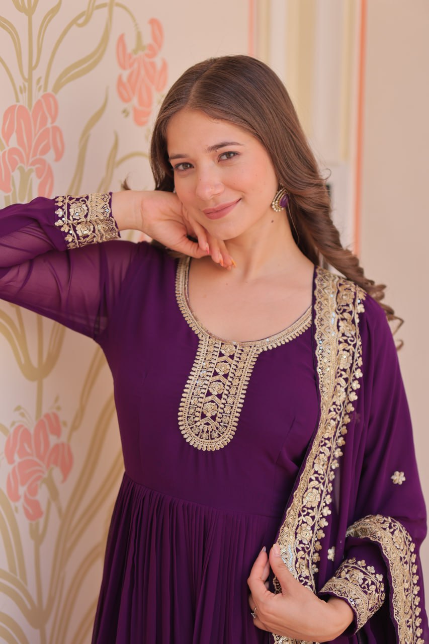 Purple Designer Faux Georgette Gown with Zari & Sequins Embroidery and Embroidered Dupatta – Luxury Ethnic Set