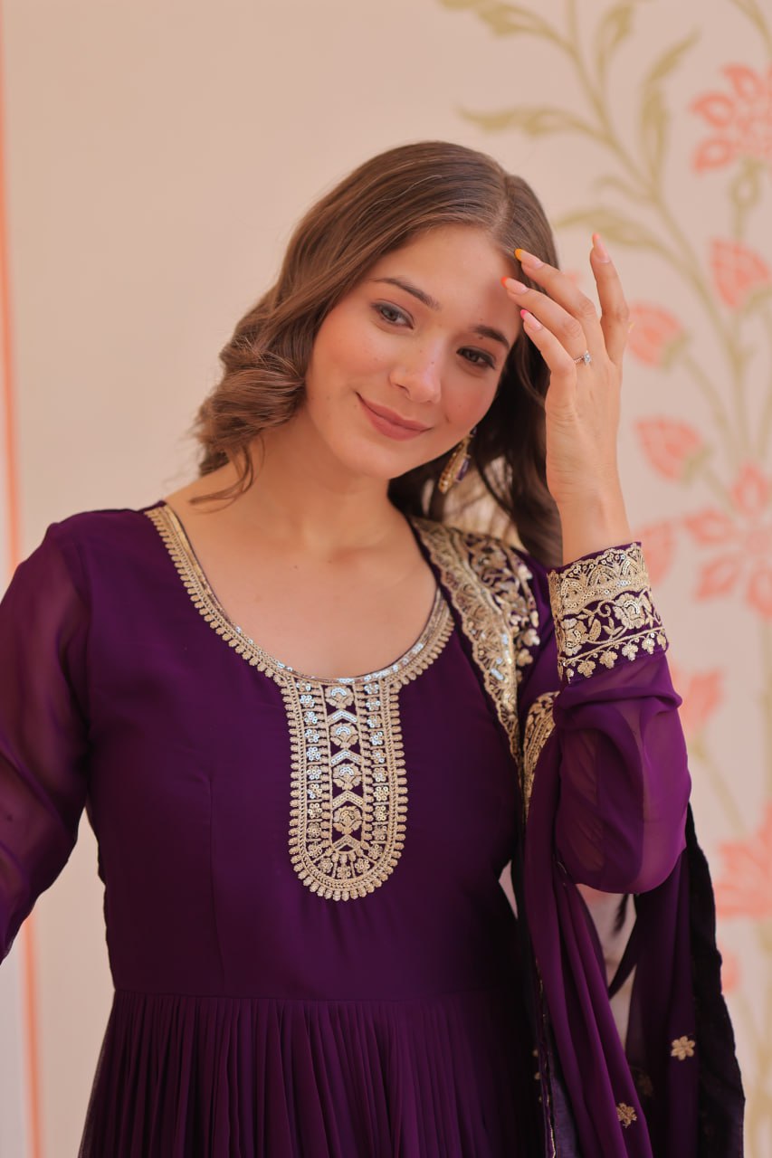 Purple Designer Faux Georgette Gown with Zari & Sequins Embroidery and Embroidered Dupatta – Luxury Ethnic Set