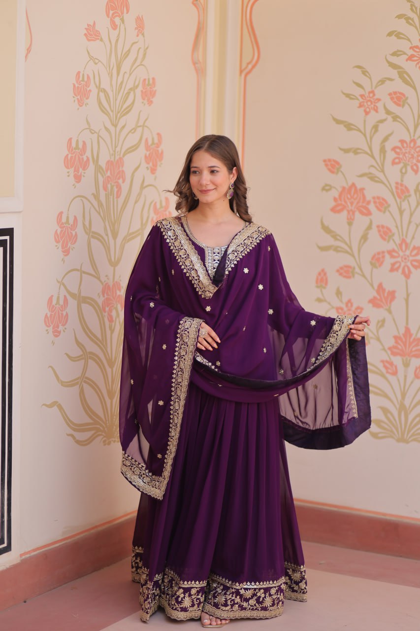 Purple Designer Faux Georgette Gown with Zari & Sequins Embroidery and Embroidered Dupatta – Luxury Ethnic Set