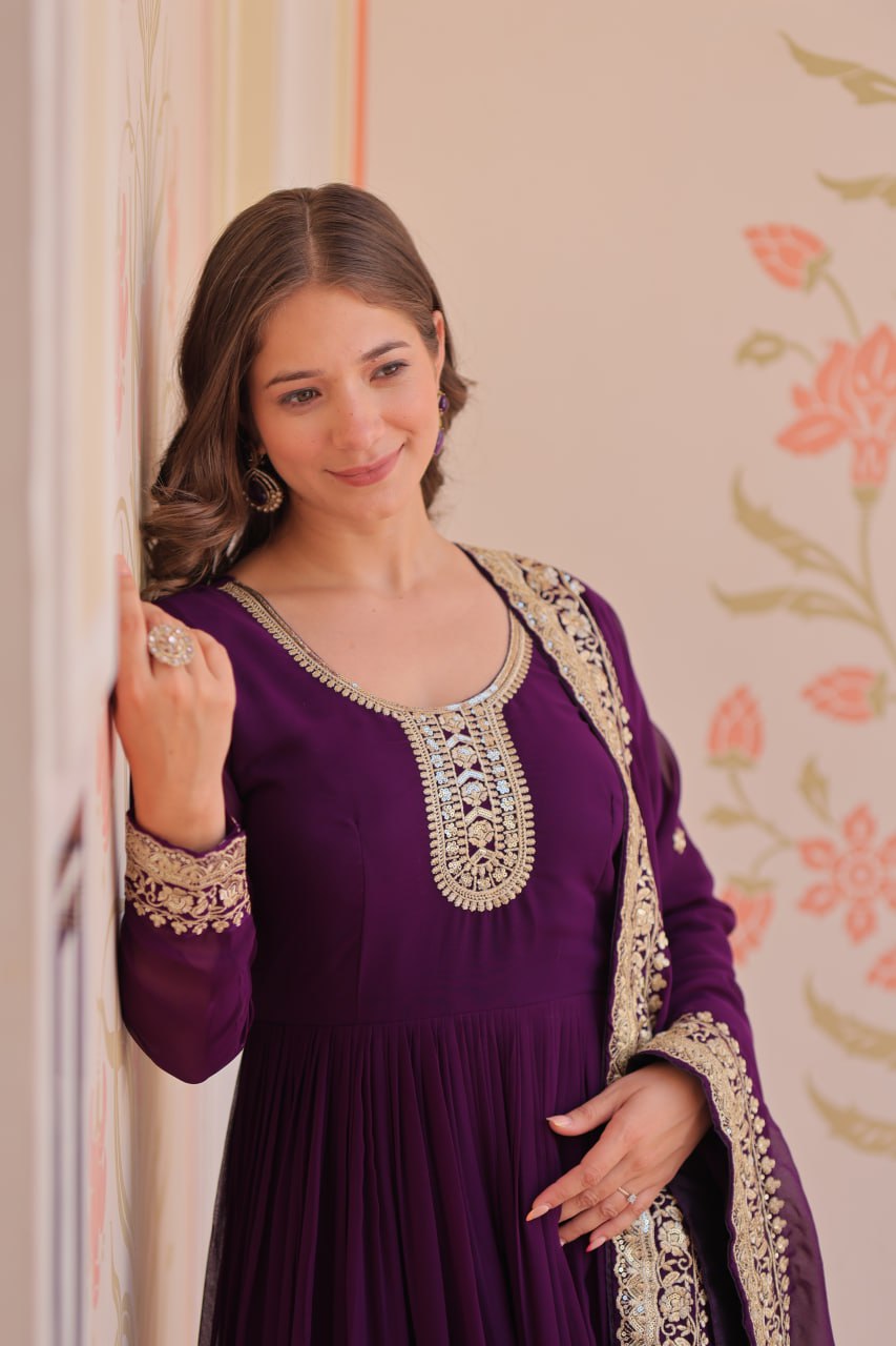 Purple Designer Faux Georgette Gown with Zari & Sequins Embroidery and Embroidered Dupatta – Luxury Ethnic Set