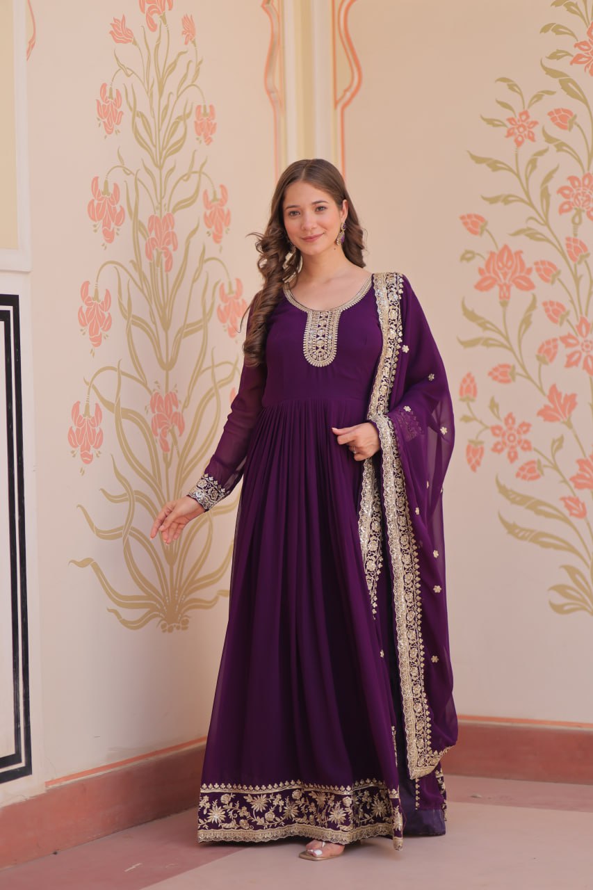 Purple Designer Faux Georgette Gown with Zari & Sequins Embroidery and Embroidered Dupatta – Luxury Ethnic Set