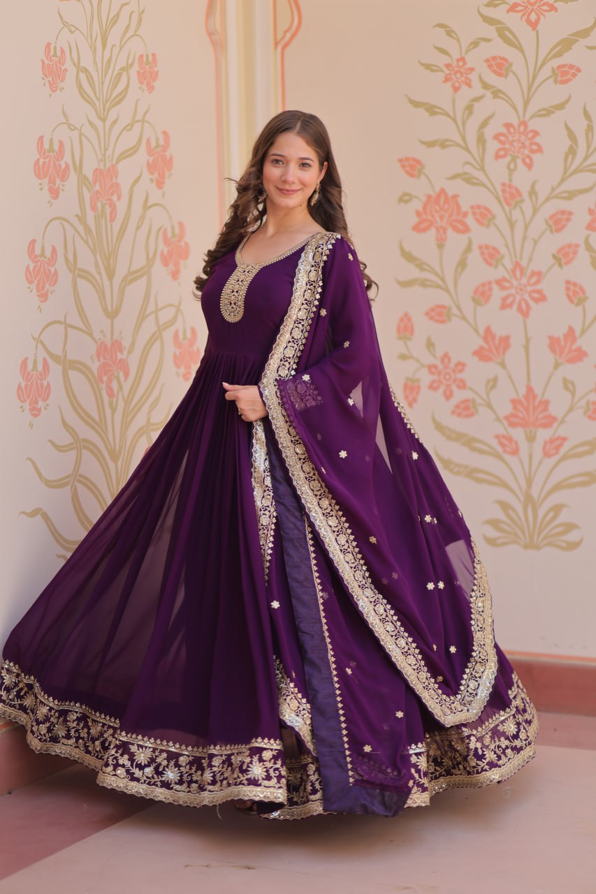 Purple Designer Faux Georgette Gown with Zari & Sequins Embroidery and Embroidered Dupatta – Luxury Ethnic Set