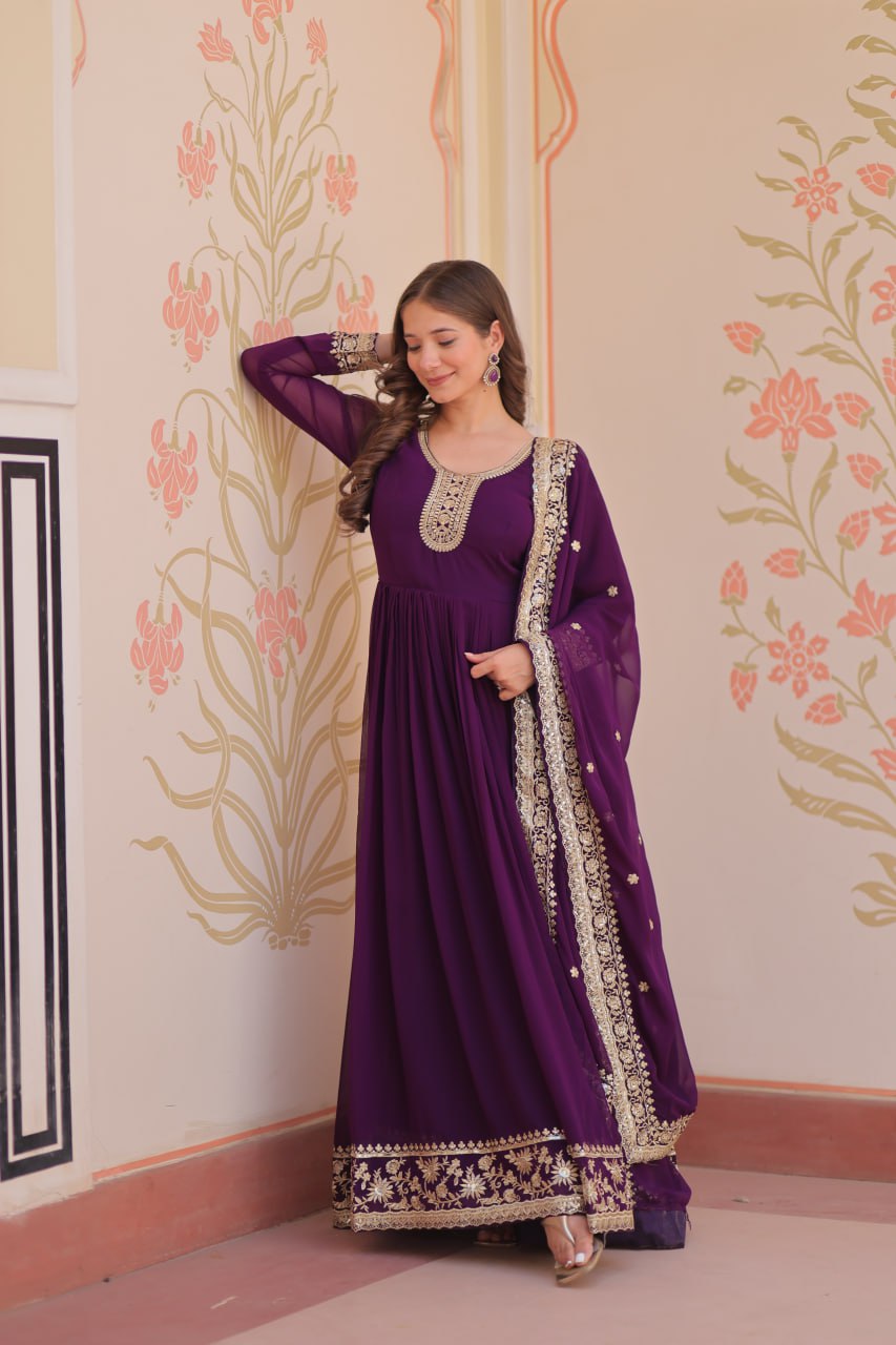 Purple Designer Faux Georgette Gown with Zari & Sequins Embroidery and Embroidered Dupatta – Luxury Ethnic Set