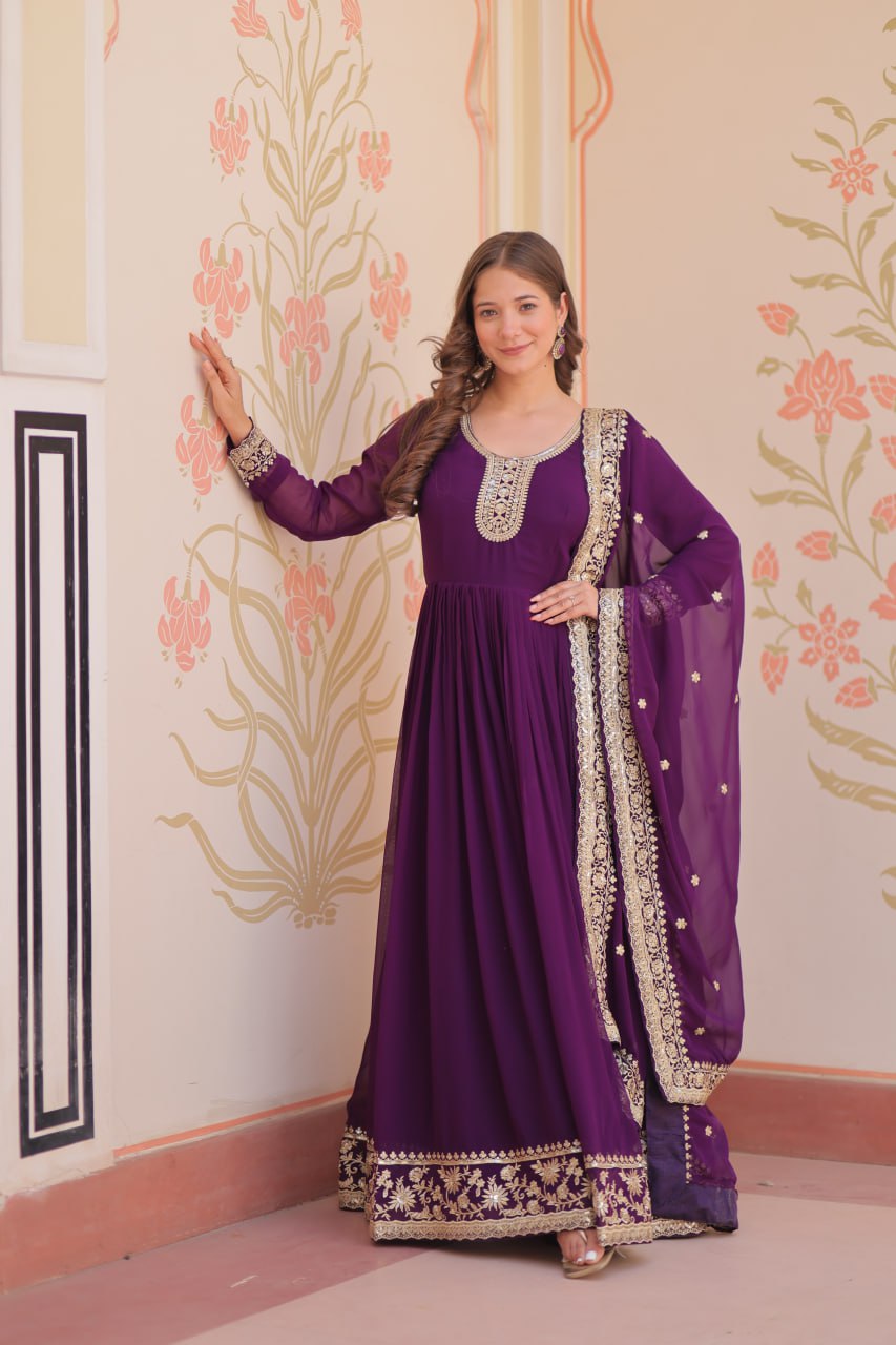 Purple Designer Faux Georgette Gown with Zari & Sequins Embroidery and Embroidered Dupatta – Luxury Ethnic Set