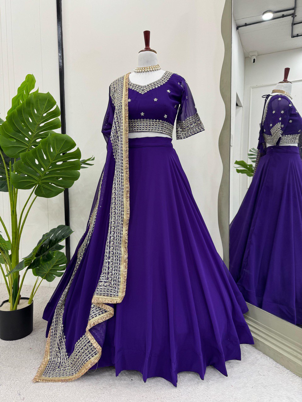 Purple Designer Faux Georgette Semi-Stitched Lehenga Choli with Sequin Embroidery & Butterfly Net Dupatta