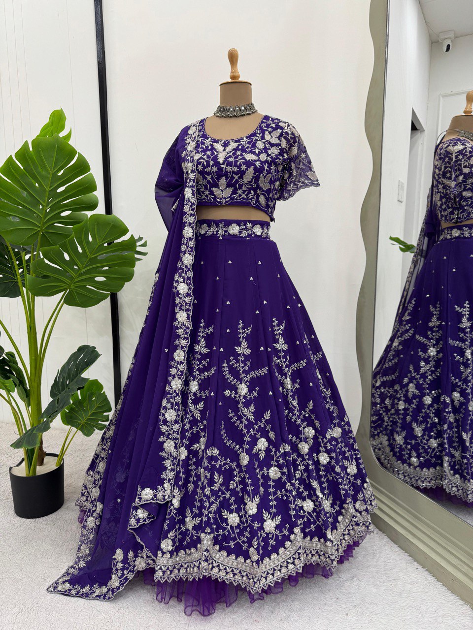 Purple Designer Fox Georgette Lehenga Set with 4-Meter Flair & Sequin Embroidery