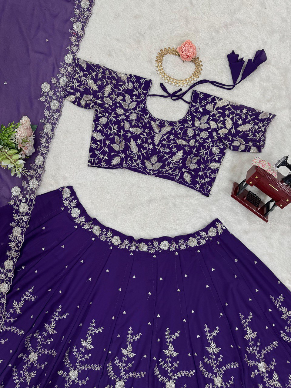 Purple Designer Fox Georgette Lehenga Set with 4-Meter Flair & Sequin Embroidery