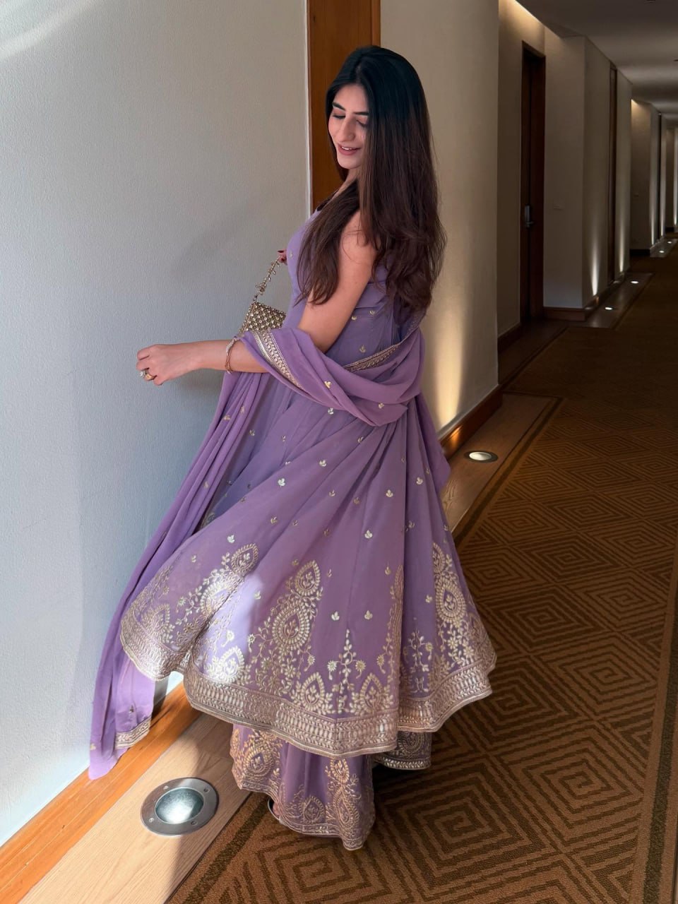 Purple Designer Georgette Dori, Thread & Foil Embroidered Top Palazzo Set with Matching Dupatta – Fully Stitched Festive Wear Ensemble