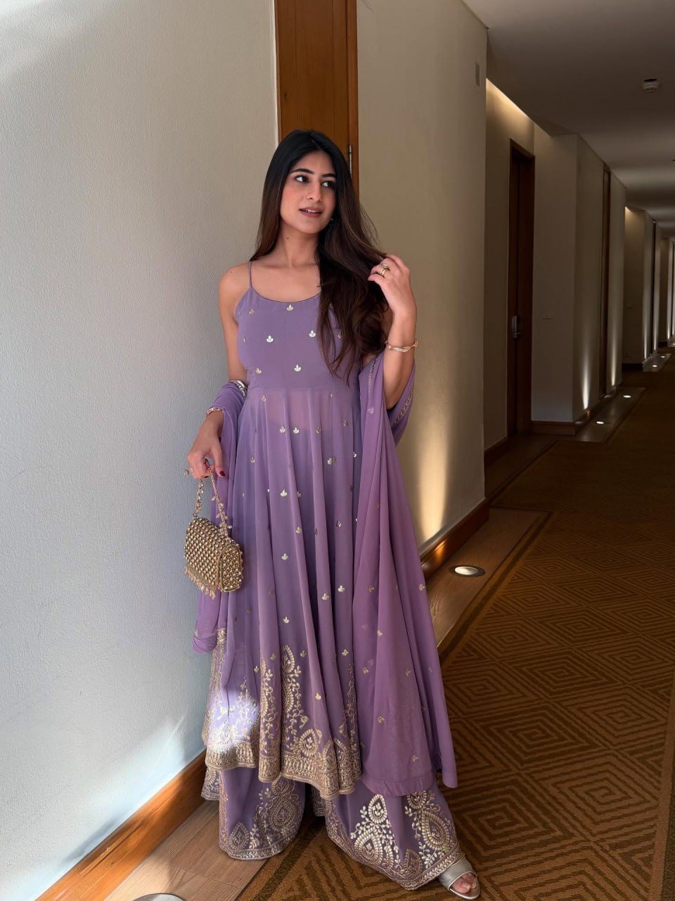 Purple Designer Georgette Dori, Thread & Foil Embroidered Top Palazzo Set with Matching Dupatta – Fully Stitched Festive Wear Ensemble