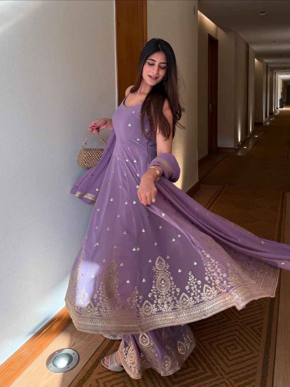 Purple Designer Georgette Dori, Thread & Foil Embroidered Top Palazzo Set with Matching Dupatta – Fully Stitched Festive Wear Ensemble