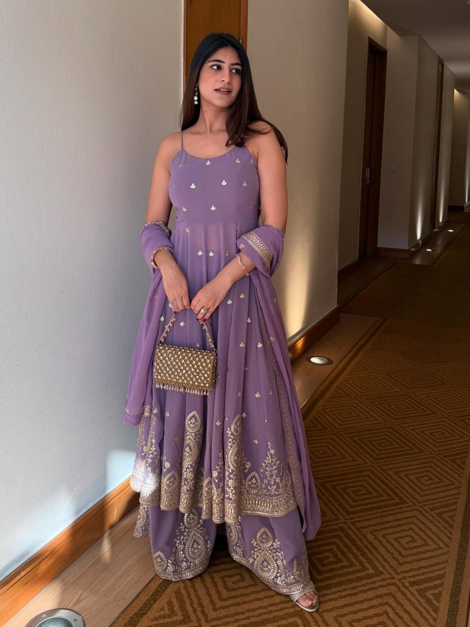 Purple Designer Georgette Dori, Thread & Foil Embroidered Top Palazzo Set with Matching Dupatta – Fully Stitched Festive Wear Ensemble