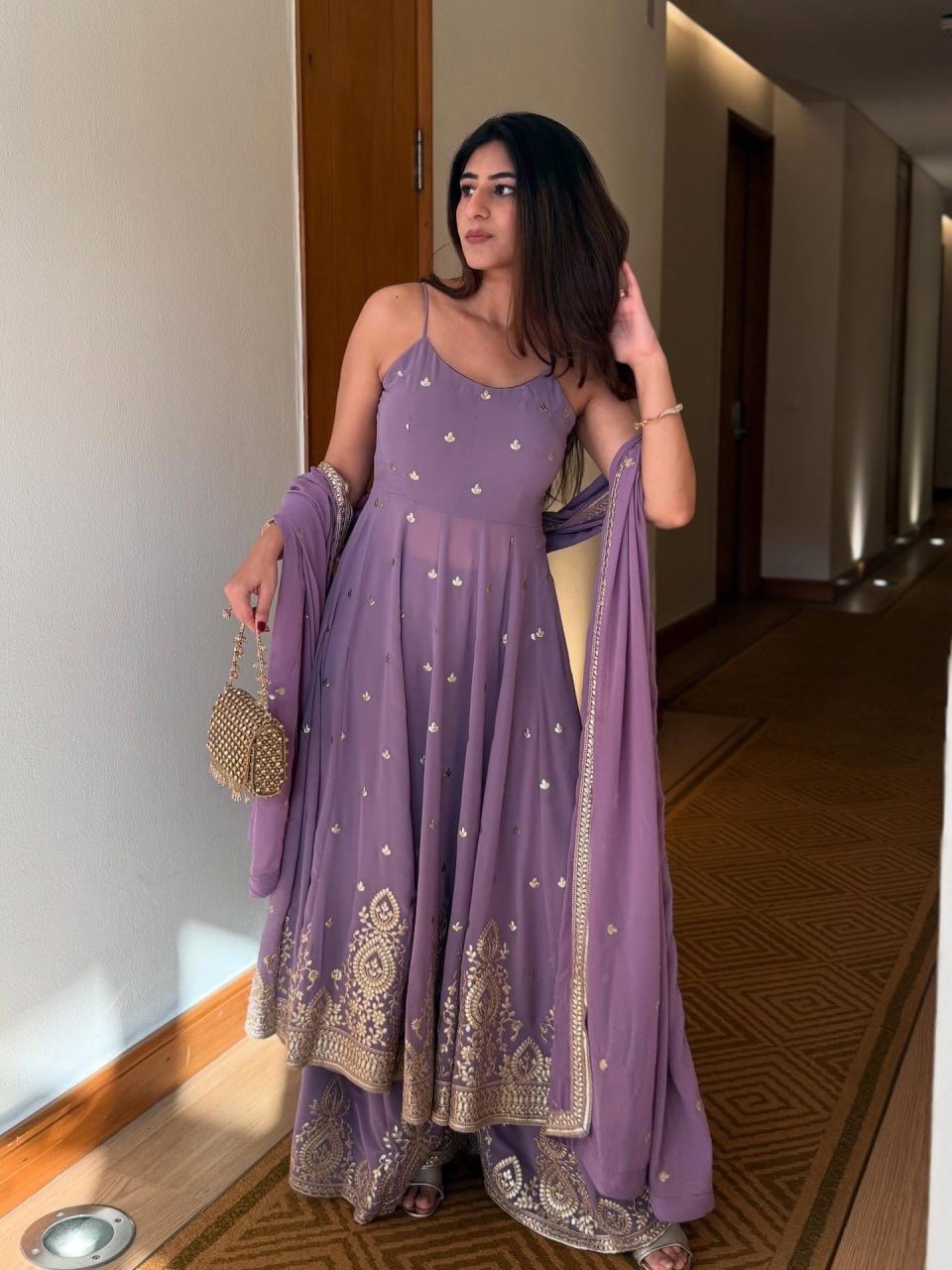 Purple Designer Georgette Dori, Thread & Foil Embroidered Top Palazzo Set with Matching Dupatta – Fully Stitched Festive Wear Ensemble