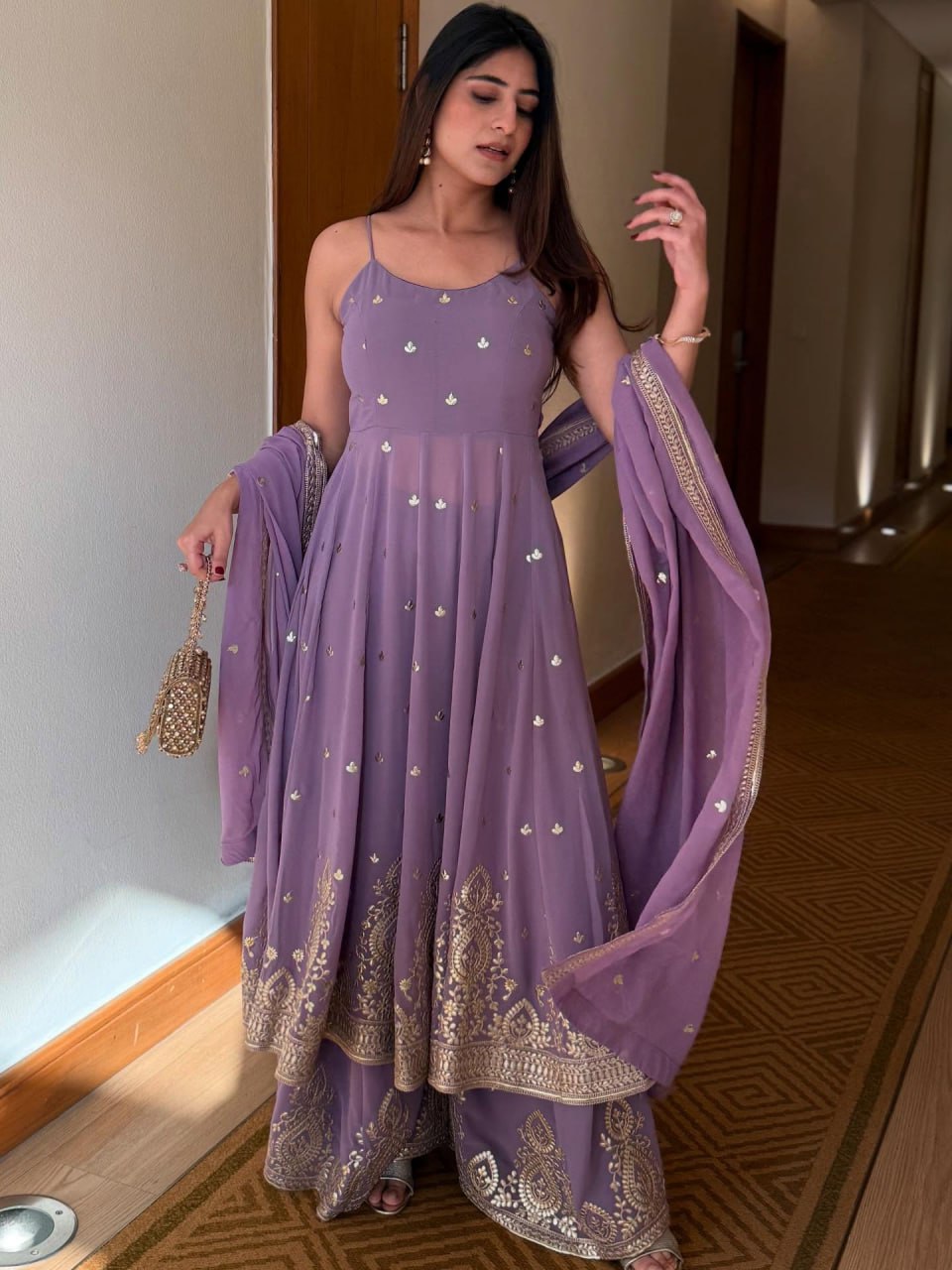 Purple Designer Georgette Dori, Thread & Foil Embroidered Top Palazzo Set with Matching Dupatta – Fully Stitched Festive Wear Ensemble