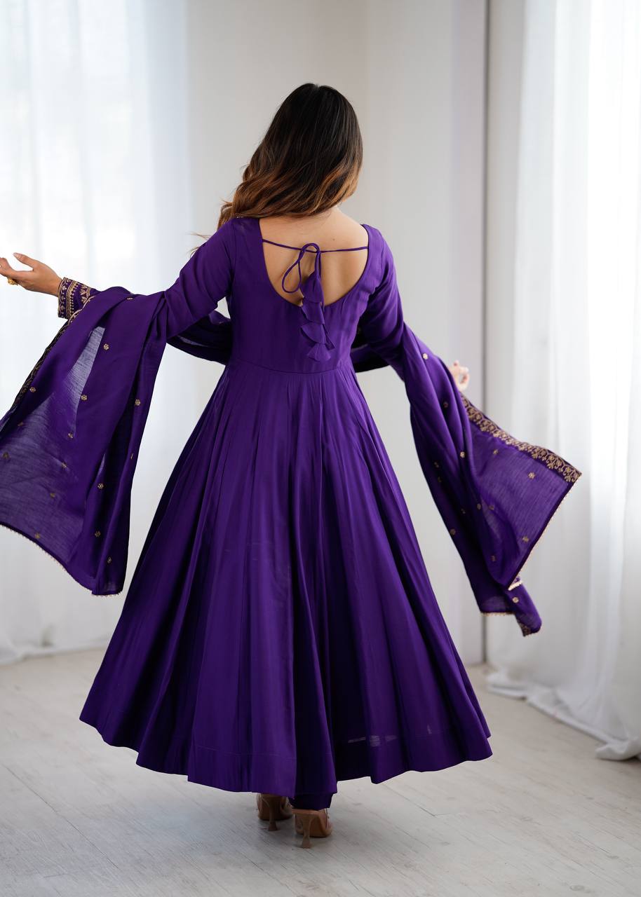 Purple Designer Heavy Pure Roman Chanderi Silk 16 Kali Anarkali Gown Set with Beads Handwork, 4-Meter Flare, Churidar Sleeves & Fancy Dupatta