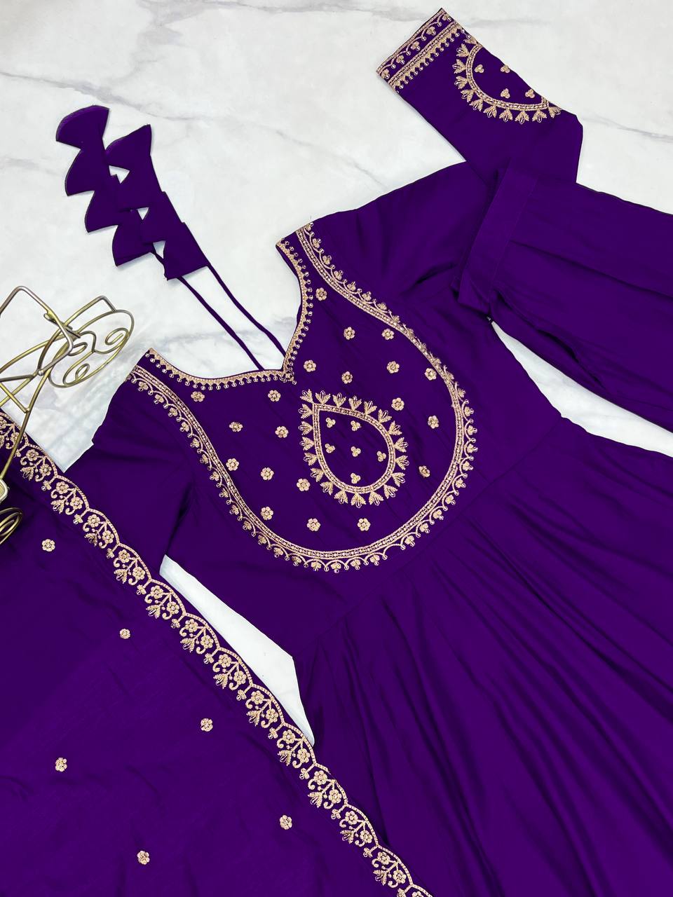 Purple Designer Heavy Pure Roman Chanderi Silk 16 Kali Anarkali Gown Set with Beads Handwork, 4-Meter Flare, Churidar Sleeves & Fancy Dupatta