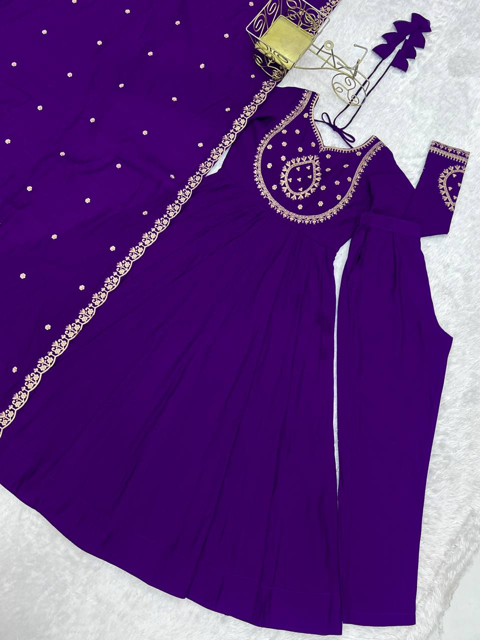 Purple Designer Heavy Pure Roman Chanderi Silk 16 Kali Anarkali Gown Set with Beads Handwork, 4-Meter Flare, Churidar Sleeves & Fancy Dupatta