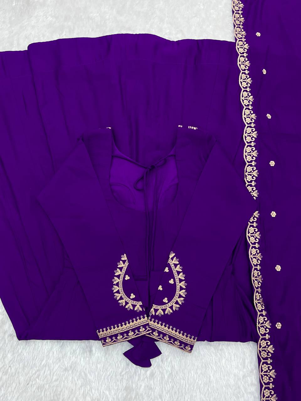 Purple Designer Heavy Pure Roman Chanderi Silk 16 Kali Anarkali Gown Set with Beads Handwork, 4-Meter Flare, Churidar Sleeves & Fancy Dupatta