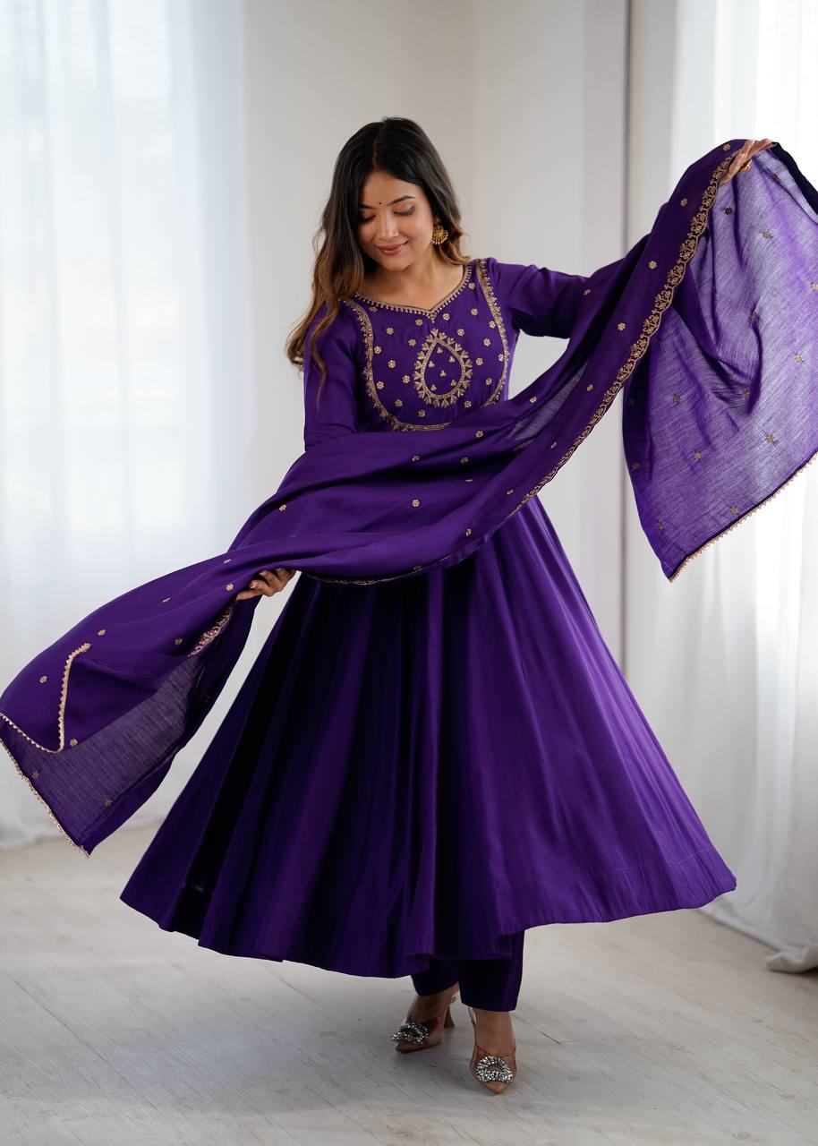 Purple Designer Heavy Pure Roman Chanderi Silk 16 Kali Anarkali Gown Set with Beads Handwork, 4-Meter Flare, Churidar Sleeves & Fancy Dupatta