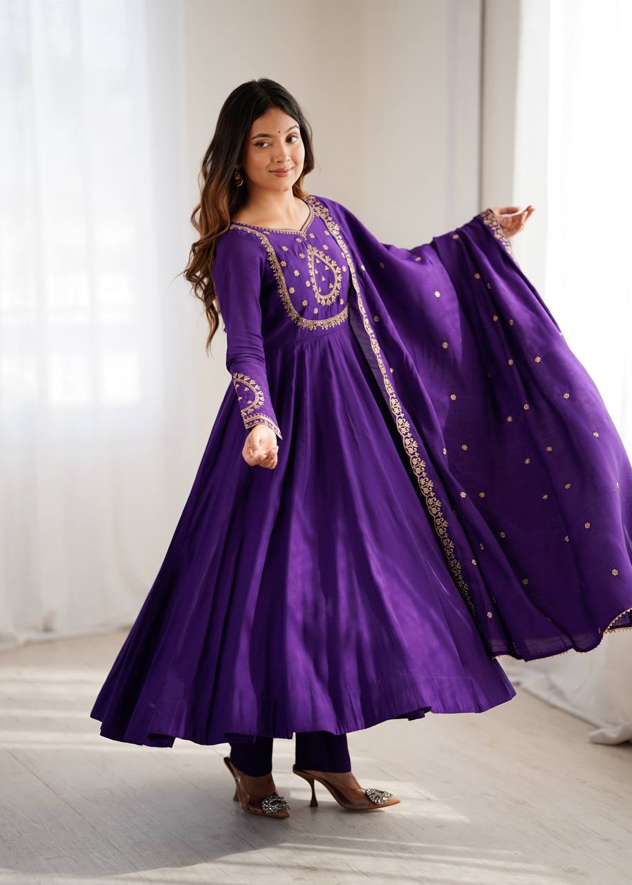 Purple Designer Heavy Pure Roman Chanderi Silk 16 Kali Anarkali Gown Set with Beads Handwork, 4-Meter Flare, Churidar Sleeves & Fancy Dupatta