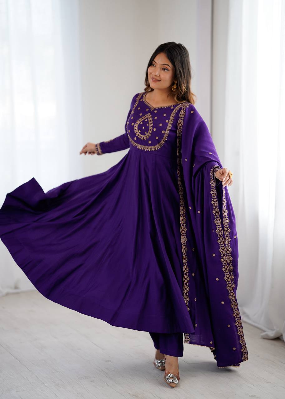 Purple Designer Heavy Pure Roman Chanderi Silk 16 Kali Anarkali Gown Set with Beads Handwork, 4-Meter Flare, Churidar Sleeves & Fancy Dupatta